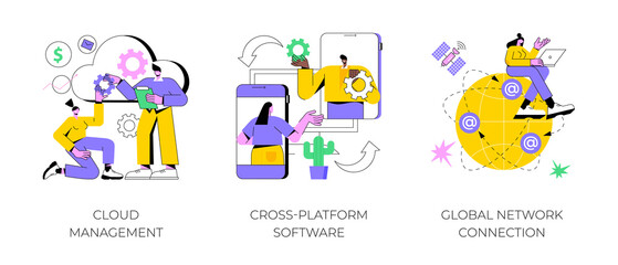 Global communication abstract concept vector illustration set. Cloud management, cross-platform software, global network connection, data storage, application development, computing abstract metaphor.