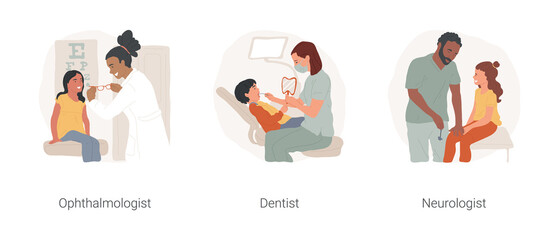 Visit specialist isolated cartoon vector illustration set. Pediatric ophthalmologist, eye specialist, kid in dentists chair, denta examination, child neurologist knocking knee vector cartoon.