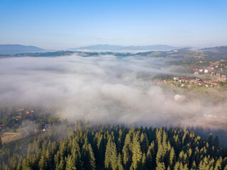 Morning mist in Ukrainian Carpathian mountains. Aerial drone view.