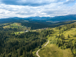 Green mountains of Ukrainian Carpathians in summer. Coniferous trees on the slopes. Aerial drone view.