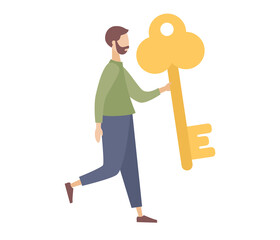 Man holding golden key. Key businessman. Business concept. Vector flat illustration