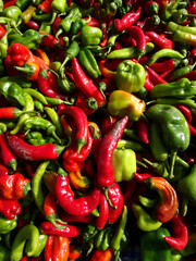 Red and green peppers on a farmers market stall in Yalikavak, Bodrum, Turkey.    