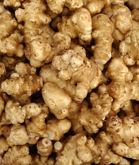 Jerusalem artichokes on a farmers market stall in Yalikavak, Bodrum, Turkey.     