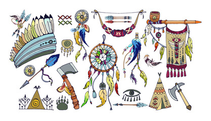 set of elements of an idnian tribe feathers, bow, wigwam, arrows, peace pipe, flag, coat of arms, symbol, indians, Aztecs, tribe, attributes, symbol, beast footprint, smoking pipe, set of colorful ele © LypoVa
