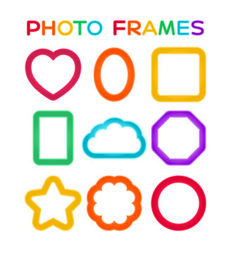 Photo Frames for Happy Childrens Holiday. Template for Festive Invitations and Childbirth. Cartoon style. Bright color. Blank for Little Boy Girl. White background. Set. Vector image for Kindergarten.