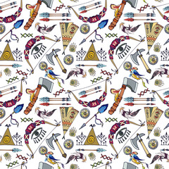set of elements of an idnian tribe, seamless pattern seamless pattern, feathers, bow, wigwam, arrows, peace pipe, flag, coat of arms, symbol, indians, Aztecs, tribe, attributes, symbol, beast footprin