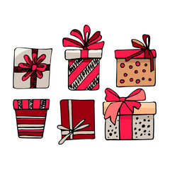 set of gift boxes set of gift boxes with bows, hand drawing, color, red, black, gray,
