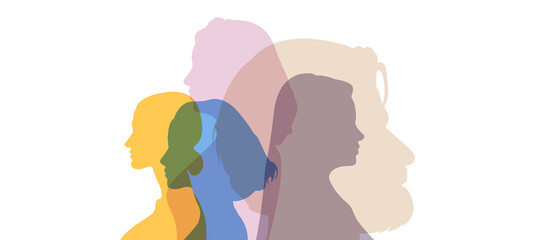 Silhouette group of multiethnic women and man who talk and share ideas and information. Communication and friendship women or girls of diverse cultures. Women social network community. Speak. Ukraine 
