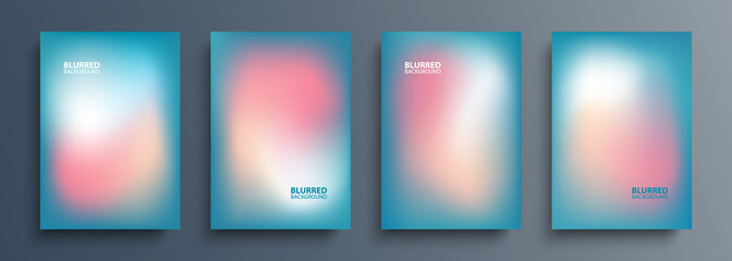 Set of blurred backgrounds with modern abstract blurred color gradient patterns. Templates collection for brochures, posters, banners, flyers and cards. Green, pink and white. Vector illustration.