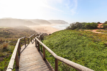 View to Praia do Amado, Beach and Surfer spot near Sagres and Lagos, Costa Vicentina Algarve Portugal - 493079333