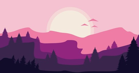 animated video background mountains hills natural trees with flying birds - Powered by Adobe