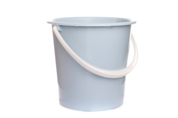 light blue plastic bucket with a white handle on a white background