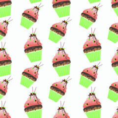 Seamless pattern with cakes.Bright and cute cupcakes. Beautiful tasty cupcakes. Filled cupcakes