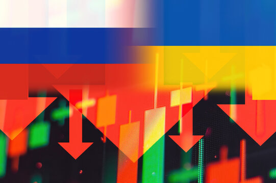 Falling stock prices against the backdrop of the Russian-Ukrainian conflict is shown by red arrows against the background of flags.