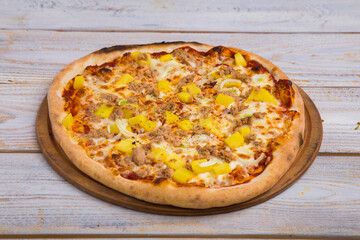 The pizza is prepared with special ingredients. delicious fresh-from-the-oven snack