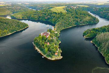 Aerial view of Zvikov catle and rivers Vltava and Otava in South Bohemia region in Czech Republic