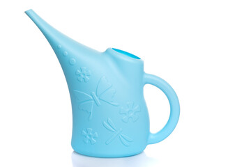 blue plastic watering can on white isolated background