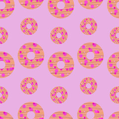 Seamless pattern with donuts. Bright beautiful donuts. Pink delicious donuts. Aesthetic donuts.