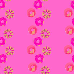 Obraz na płótnie Canvas Seamless pattern with donuts. Bright beautiful donuts. Pink delicious donuts. Aesthetic donuts.