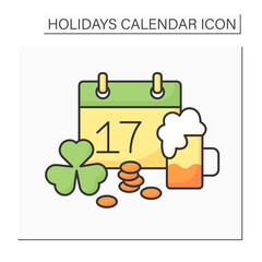 St.Patrick day color icon. March 17. Irish celebration. Traditional green colors, drink Irish beer. Shamrock Clover. Holidays calendar concept. Isolated vector illustration
