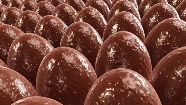 Realistic tracking camera looping 3D animation of the delicious milk chocolate Easter eggs rendered in UHD