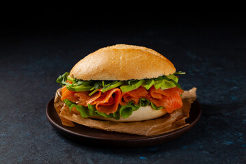 Salmon sandwich. A large roll. Dark mood.