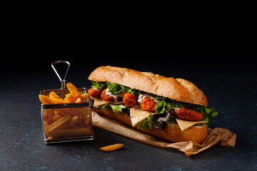 Chicken sandwich in breadcrumbs. A long roll. Dark mood.