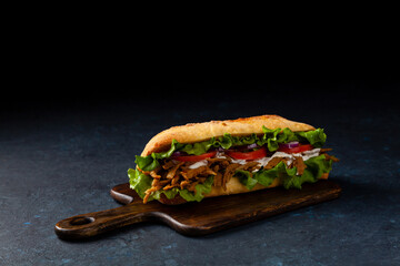 Vegetarian shoarma sandwich. A long roll. Dark mood.