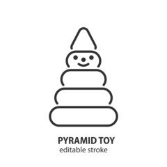 Pyramid build from wooden rings with a smiling face line icon. Baby toy vector symbol. Editable stroke.