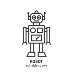 Retro robot line icon. Vintage toy vector symbol. Editable stroke.