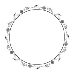 Abstract Black Simple Line Round Circle With Leaf Leaves Frame Flowers Doodle Outline Element Vector Design Style Sketch Isolated Illustration For Wedding And Banner