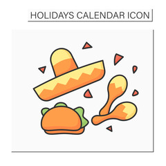 Cinco de mayo color icon.Mexican unity celebration. Traditional food, dance and suits. Holidays calendar concept. Isolated vector illustration