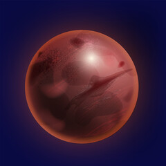 Mars planet vector illustration, red surface globe background, realistic galaxy object isolated on blue. Mercury view, solar system round space item, big crater texture. Universe Mars planet icon