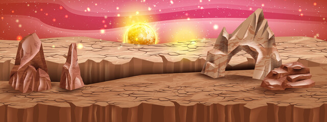 Mars landscape, cracked stone, vector alien planet red background, Saturn, sky, Martian desert rocks. Game space banner, fantastic land surface, star cosmic adventure panorama. Mars landscape view © Oleksandra
