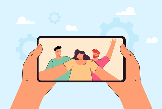 Hands holding smartphone with selfie on screen. Friends taking photo together flat vector illustration. Friendship, communication, technology concept for banner, website design or landing web page