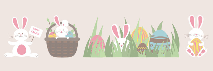 A cartoon esater set with bunny,eggs,flowers,basket and easter hunt