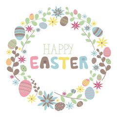 Happy Easter card. Vector illustration with colorful wreath of flowers and eggs, and greetings.Vintage pastel colors. Isolated on white