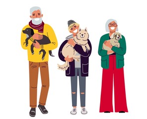 Man and woman with dogs, illustration in flat style