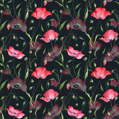 Square seamless pattern on dark background for textile design, wallpapers and wrapping paper. Watercolor hand painted botany poppy flowers with green leaves