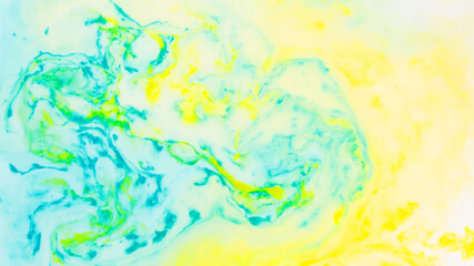 Fototapeta na wymiar Yellow-blue fluid art background. Spots in the colors of the Ukrainian flag on the liquid. Blurred colorful background