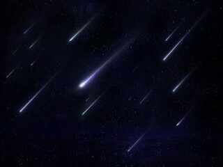Meteor shower in the night sky with stars. A stream of bright meteorites entered the Earth's atmosphere. 