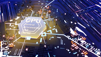 Image of the central processing unit,working processing technology,computer technology in the workplace,Conceptual CPU on circuit board,3d rendering