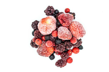 frozen mixed berries isolated on white background top view