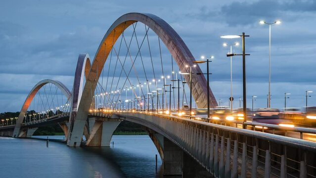 Time lapse view of rush hour traffic on JK Bridge in Brasilia, Federal District, capital of Brazil. 