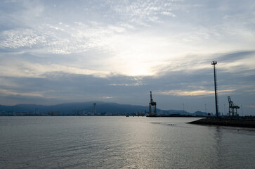 Container terminal port in evening.