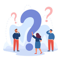 Tiny cartoon business people standing around huge question mark. Male and female persons asking for help or answers flat vector illustration. Communication, solution concept for banner, website design - obrazy, fototapety, plakaty