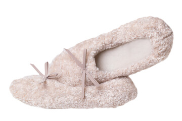 Slippers isolated. Close-up of a pair of female beige warm and soft cosy terry slippers isolated on white background.  Womans shoes.