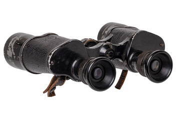 Vintage binoculars isolated. Close-up of an old german Binoculars with leather straps used from military during the second world war isolated on white. Macro.