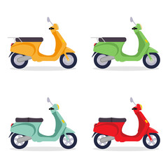 Scooter set. Scooters in different colors. scooter with luggage for delivery