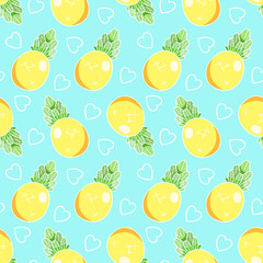 Cute cartoon pineapples and hearts, seamless vector pattern, hand-drawn